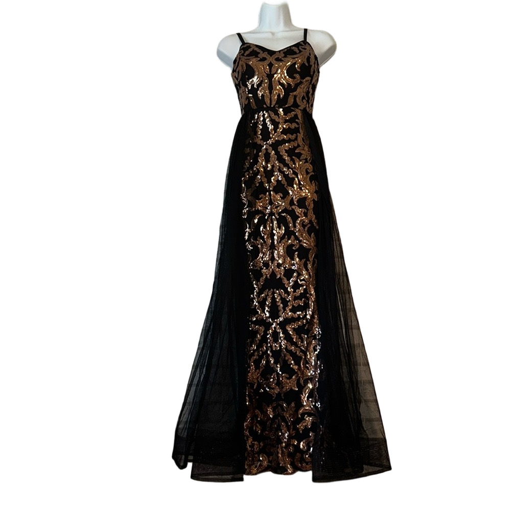 Penelope Tulle Black Gold Sequin Gown Small - Picture 3 of 9